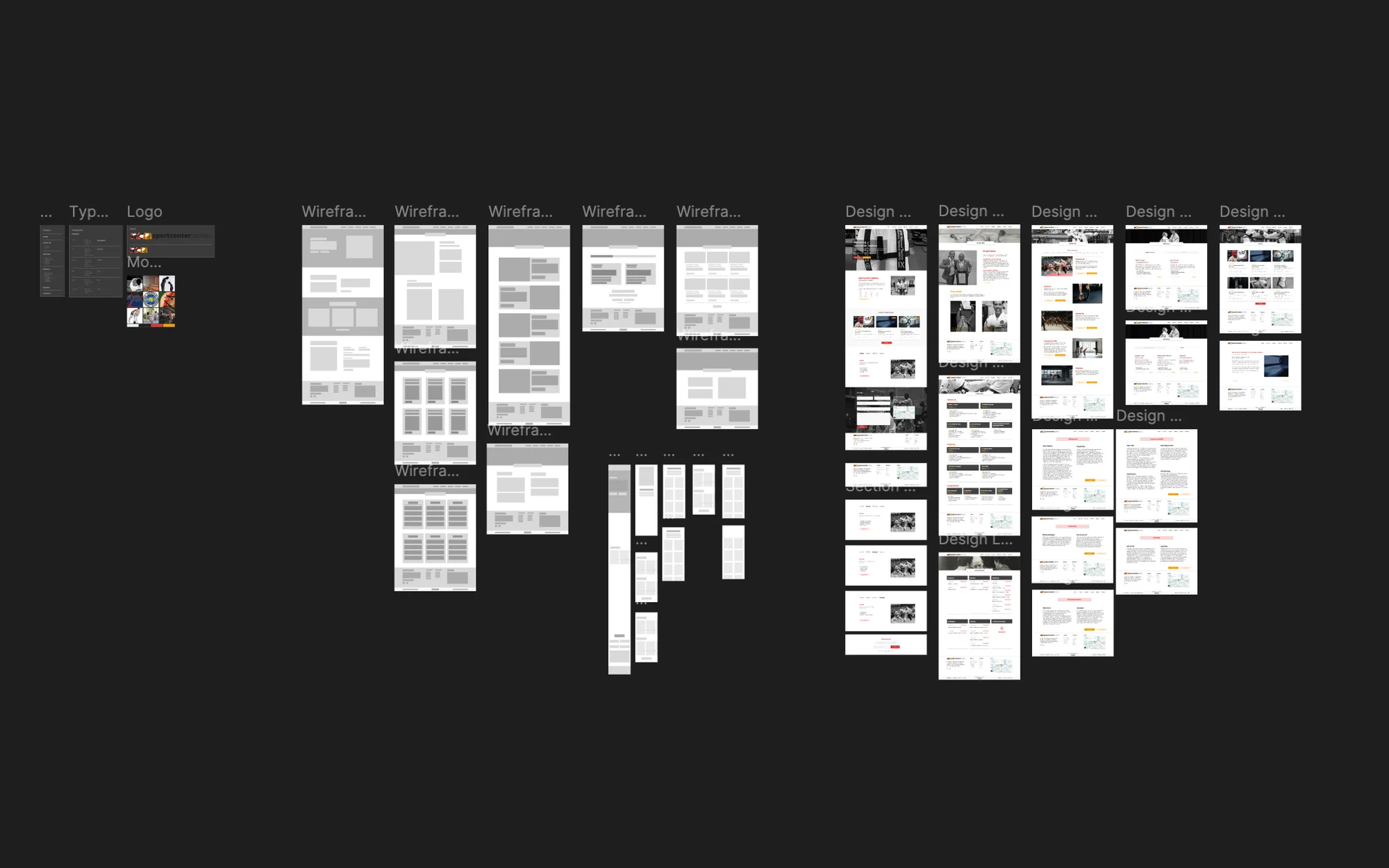 The Figma file: typography, logo and mood board on the left, grey wireframes in the middle, and the finished page designs on the right