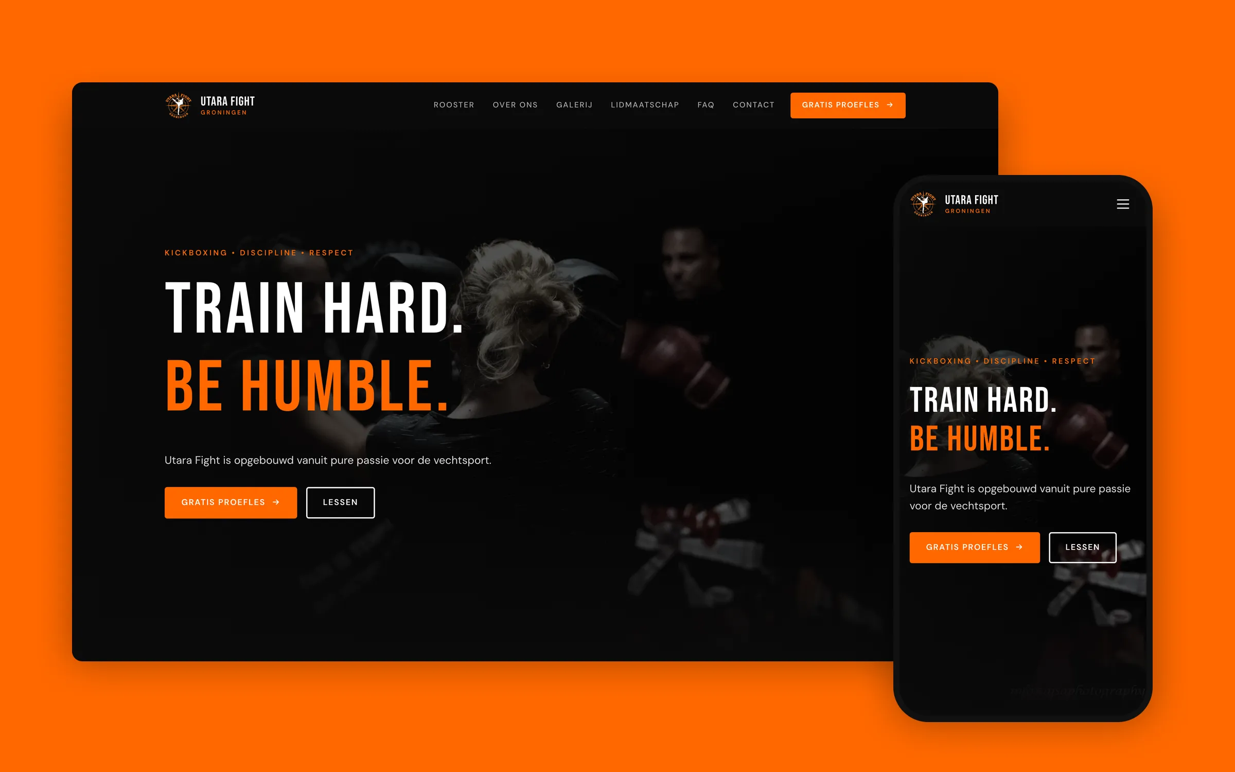 The Utara Fight homepage on desktop and mobile: “Train hard. Be humble.” on a dark photo of a training session