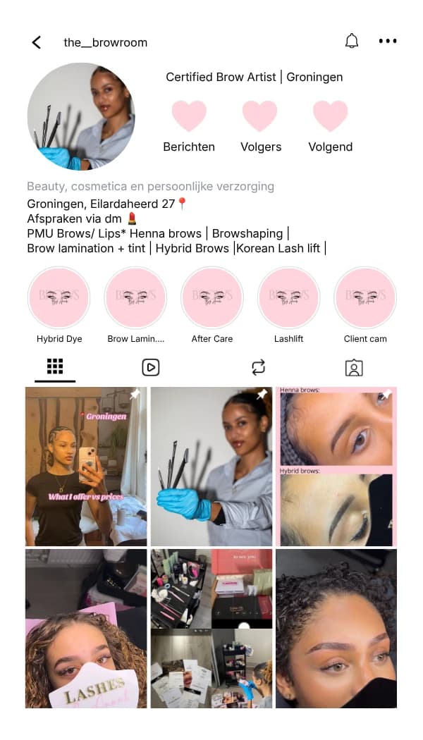 Business card back designed like her Instagram profile, with services, address and photos