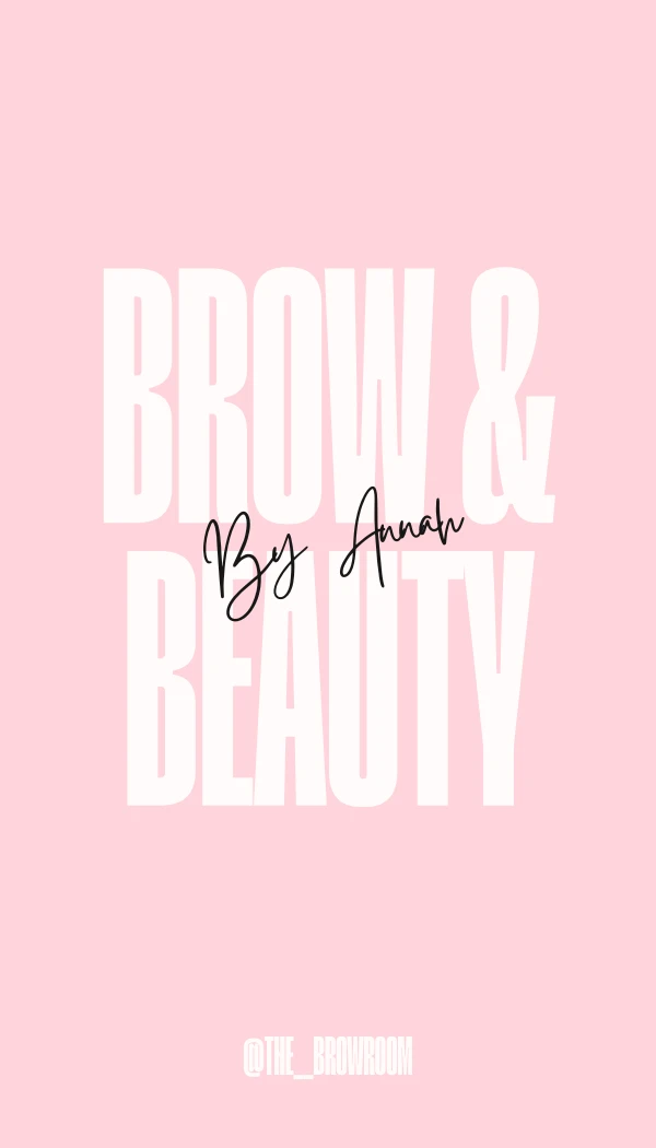 Business card front: BROW & BEAUTY with the By Annah signature on pink