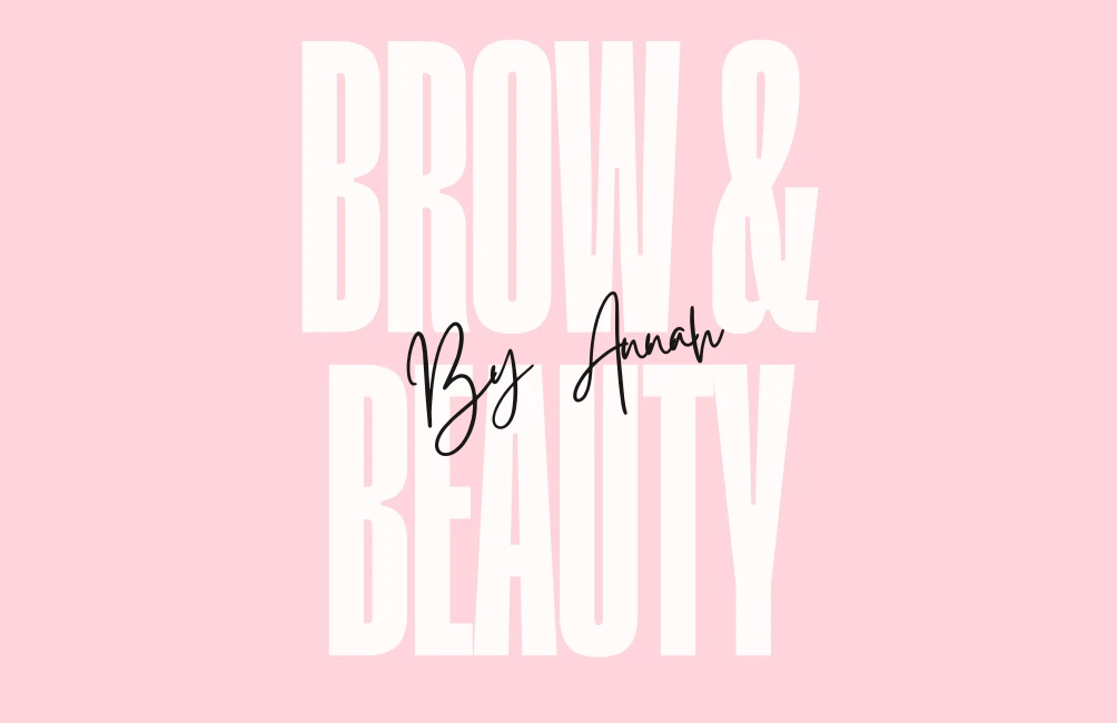 Loyalty card front with the word BROW & BEAUTY and the By Annah signature, pink version