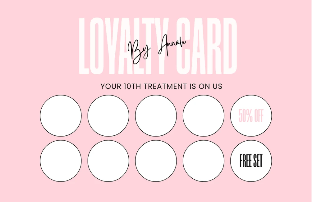 Loyalty card stamp side with circles, a 50% off spot and a free set spot, pink version
