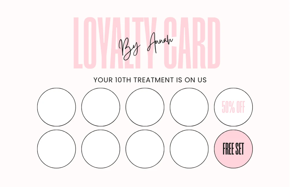 Loyalty card stamp side with circles, a 50% off spot and a free set spot, white version