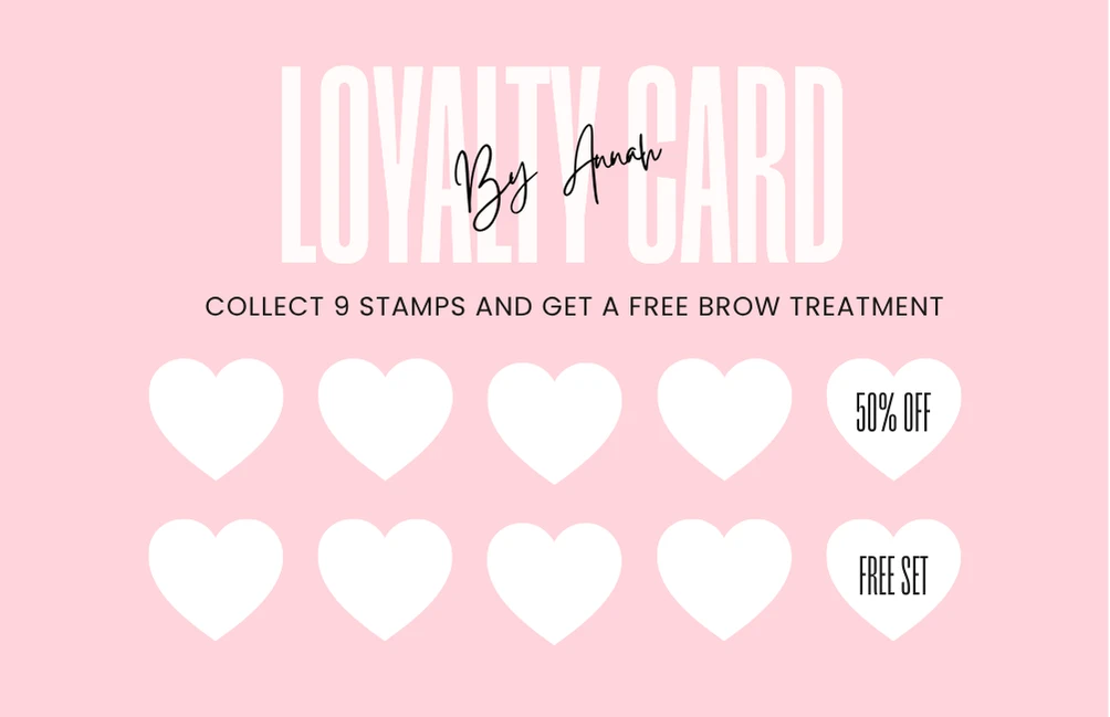 Loyalty card stamp side with hearts, a 50% off spot and a free set spot, pink version