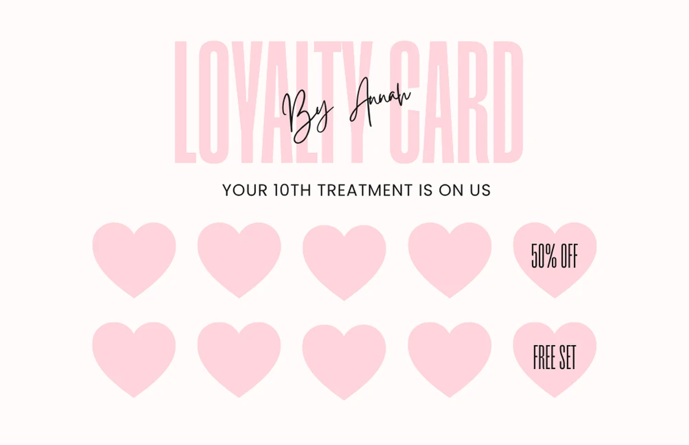 Loyalty card stamp side with hearts, a 50% off spot and a free set spot, white version