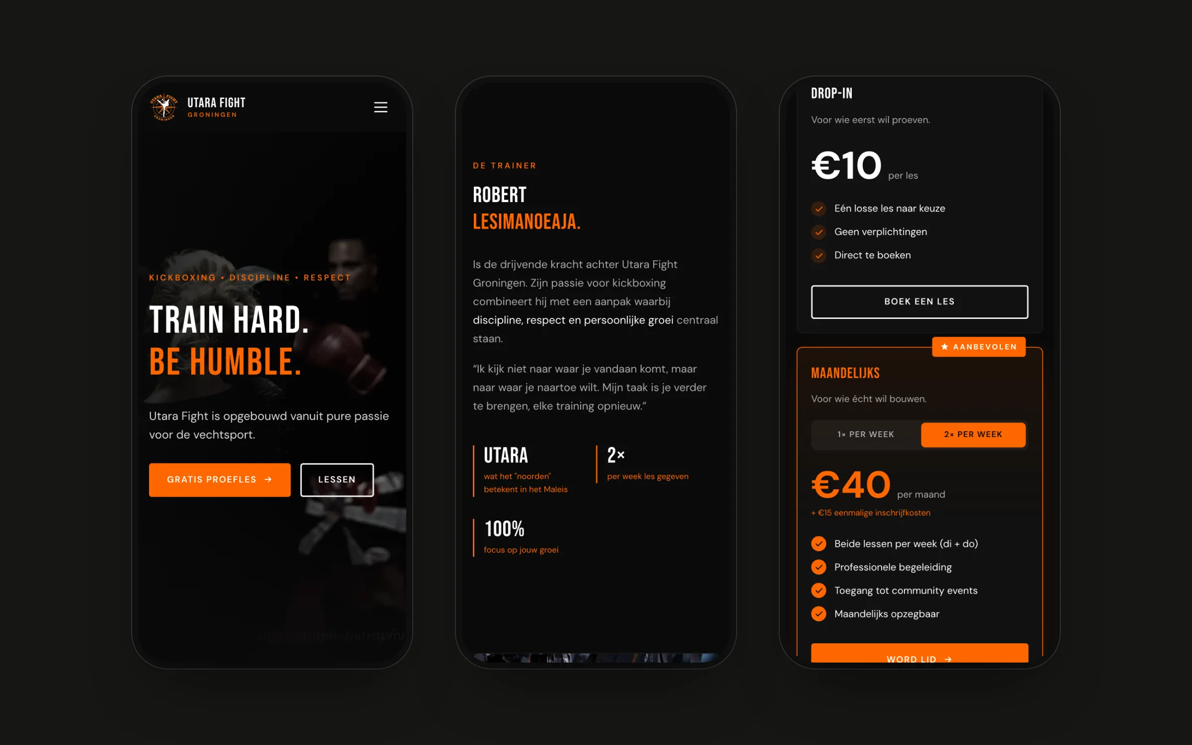 Three mobile screens: the homepage, the trainer section and the pricing cards