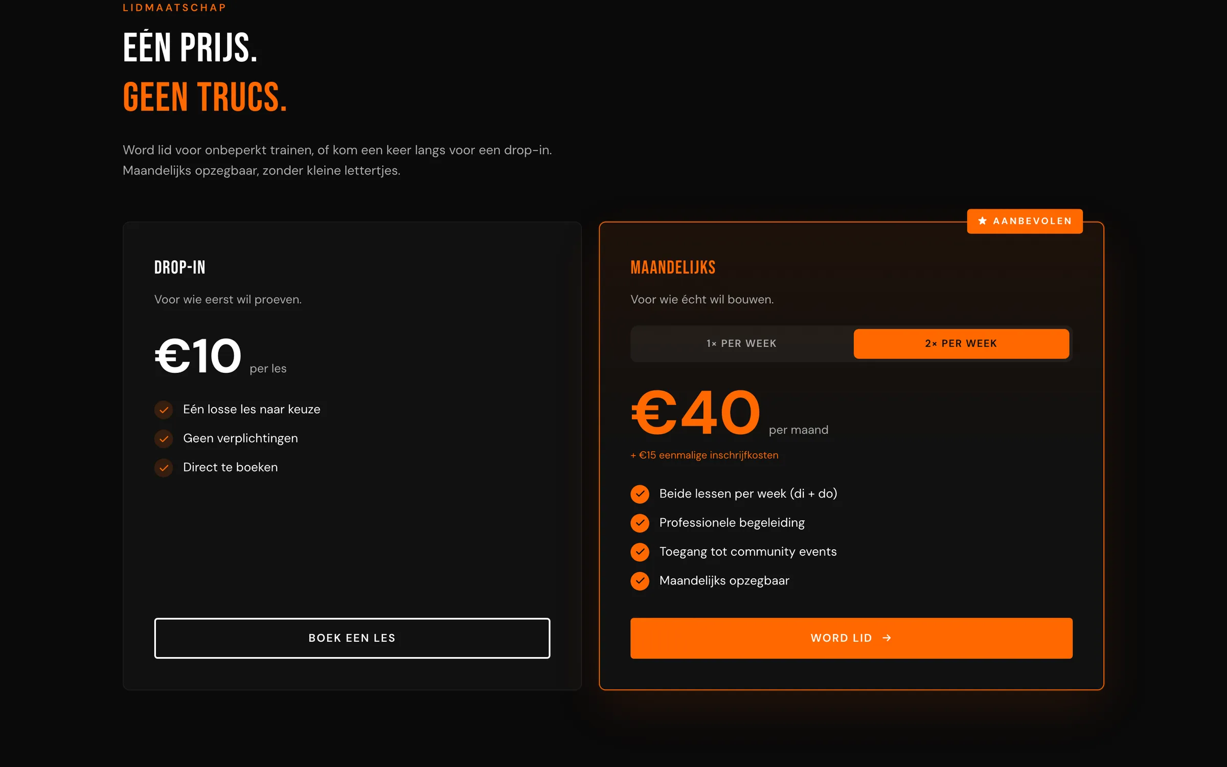 Pricing: a €10 drop-in lesson next to a recommended €40 monthly membership