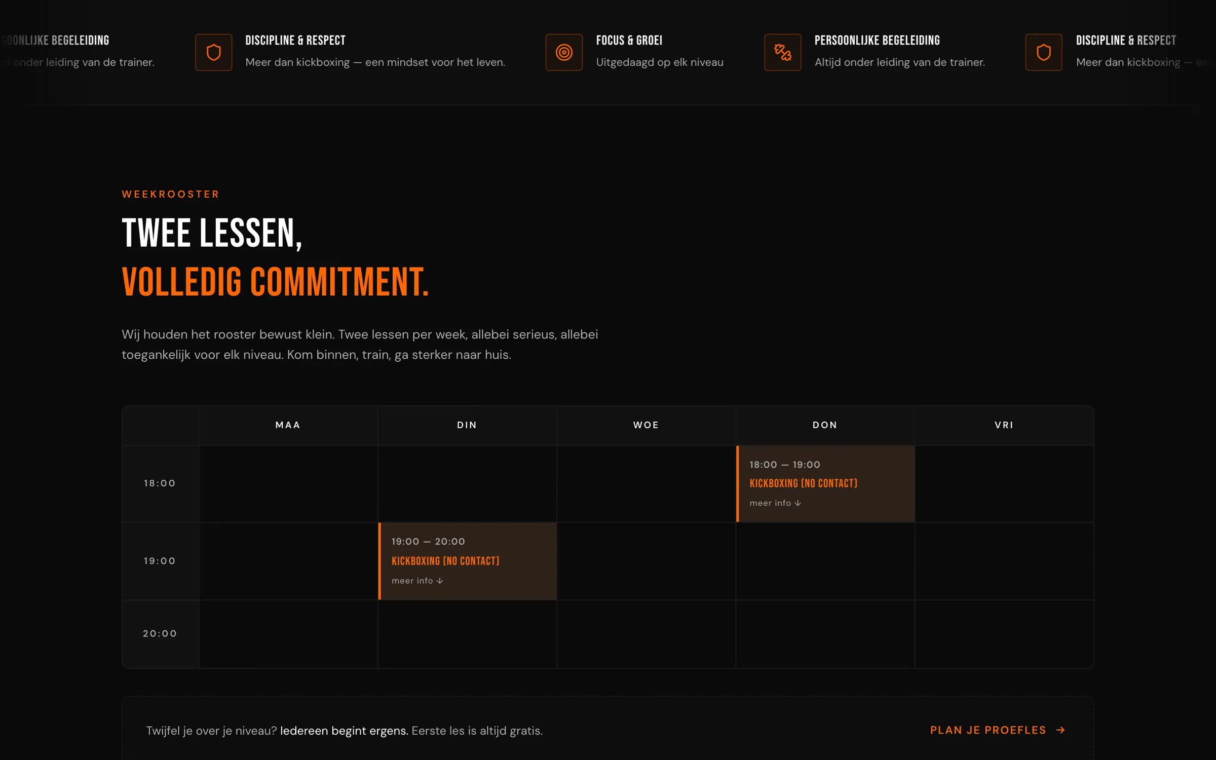 The weekly schedule section: two kickboxing classes on Tuesday and Thursday evening shown in a timetable
